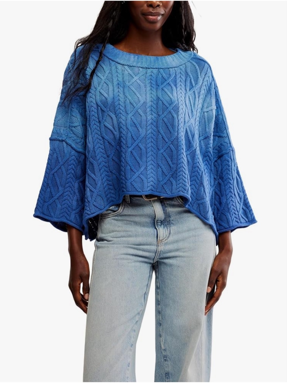 NWT Free People Washed Ashore Cable Stitch Cotton Sweater Bellweather Blue Sz Sm